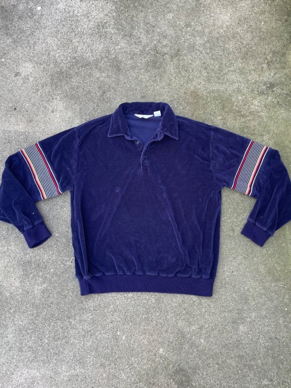 Vintage 70s Sweater Collared Velour Men's XL Navy Striped Relaxed Lounge Skater